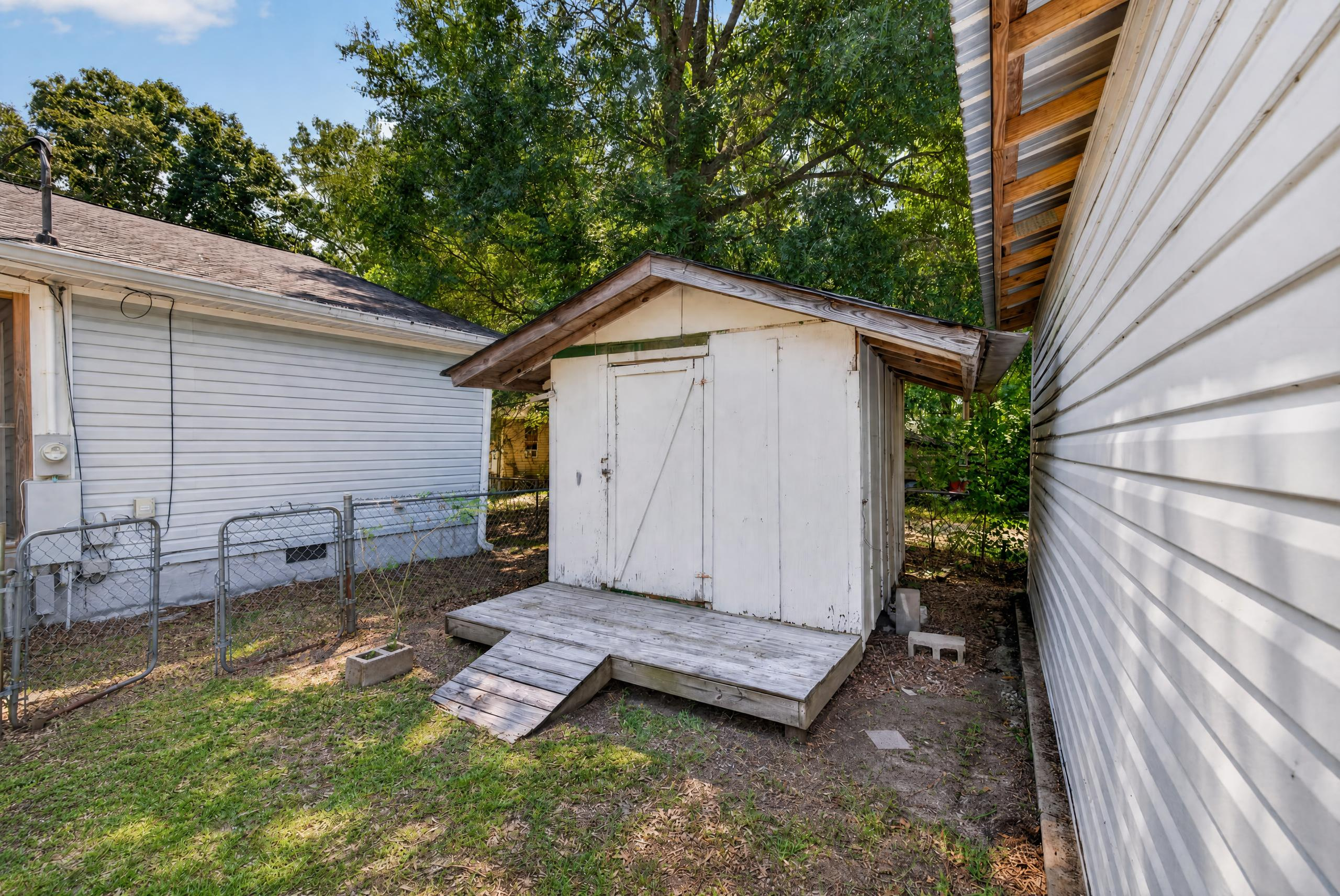 Storage shed in side yard